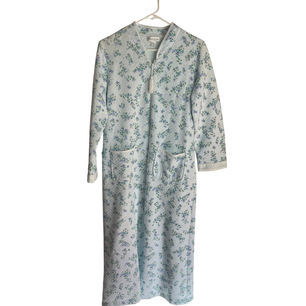 Miss Elaine Womens Quilted Floral Robe Size S Blue‎ Zip Front Cottage Housecoat